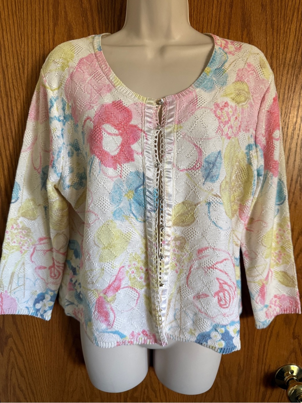 Vtg Sigrid Olsen Floral Cardigan Sweater Button Front 3/4 Sleeves Women's Sz PL